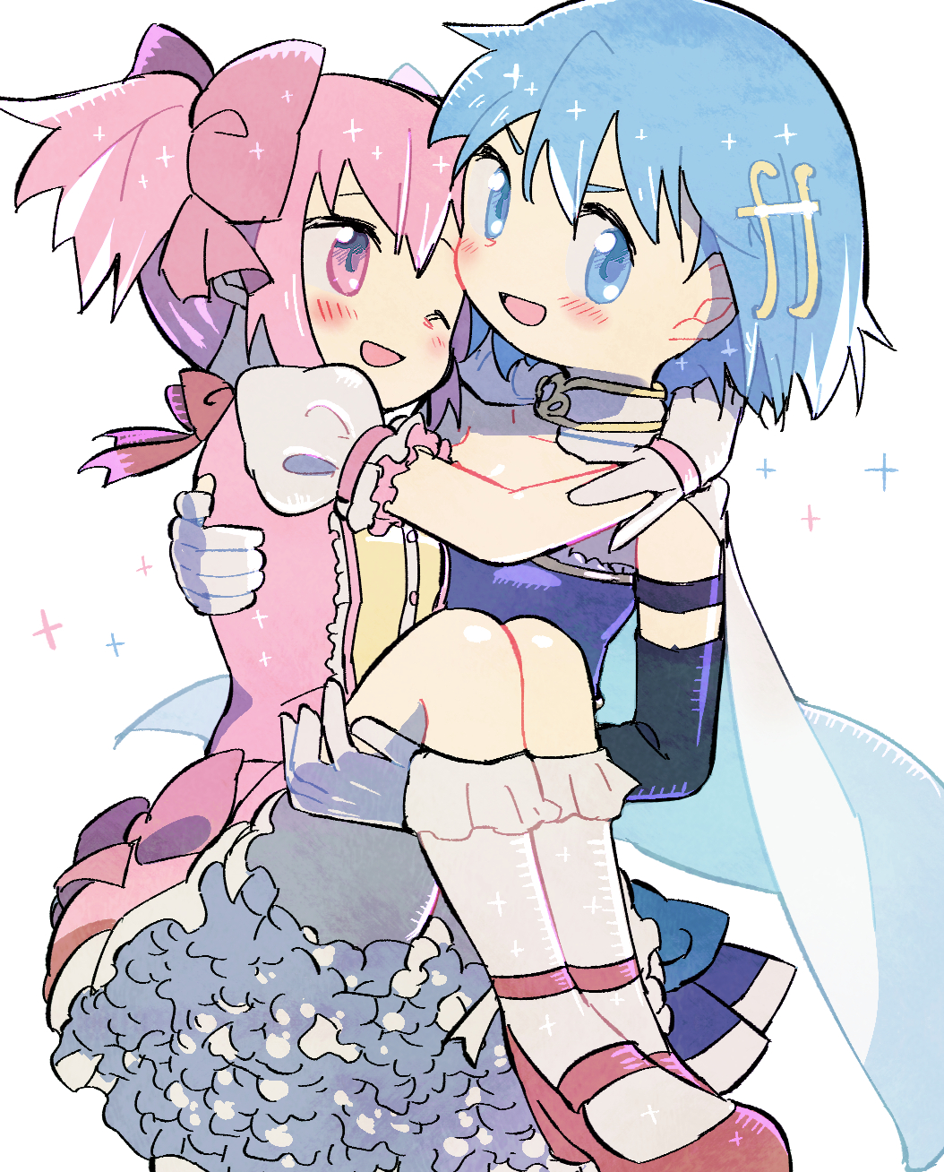 2girls ;d arms_around_neck blue_eyes blue_hair blue_skirt blush breasts bubble_skirt cape carrying cheek-to-cheek detached_sleeves fortissimo fortissimo_hair_ornament frilled_legwear frilled_skirt frilled_sleeves frills gloves grin hair_between_eyes hair_ornament hair_ribbon hairclip hand_on_another's_back hand_on_another's_thigh highres kaname_madoka kirikuchi_riku legs_together looking_at_viewer looking_away mahou_shoujo_madoka_magica miki_sayaka multiple_girls no_nose one_eye_closed open_mouth pink_eyes pink_hair pleated_skirt princess_carry puffy_short_sleeves puffy_sleeves red_footwear red_ribbon ribbon short_hair short_sleeves short_twintails simple_background skirt small_breasts smile socks sparkle strapless twintails v-shaped_eyebrows white_background white_cape white_gloves white_legwear white_skirt