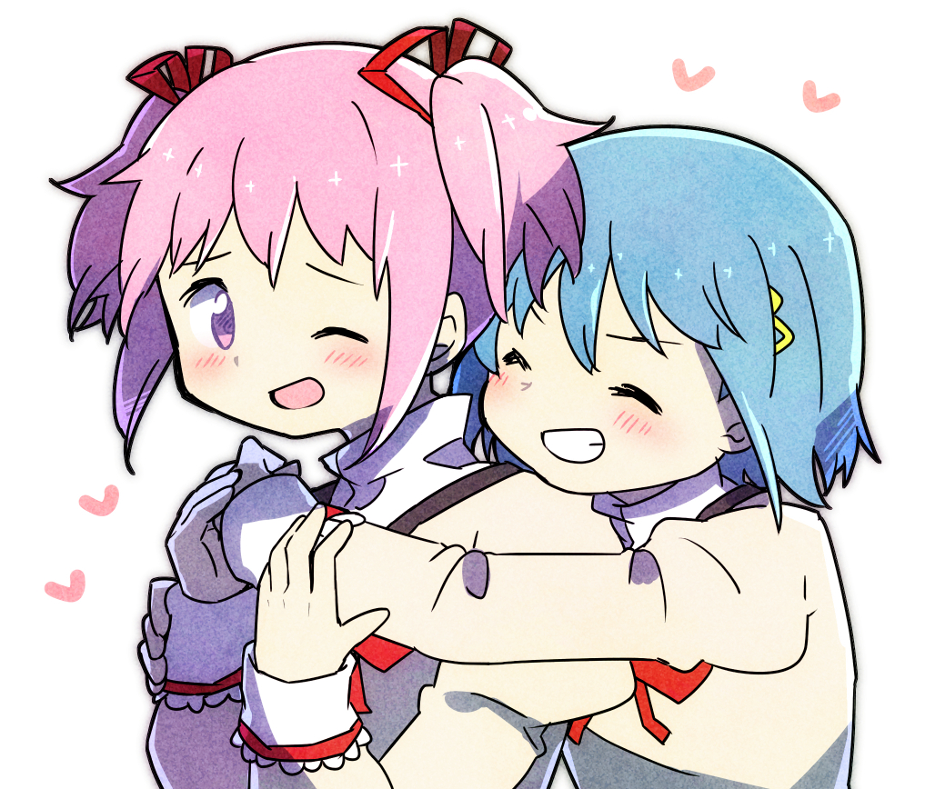 2girls ;d arms_around_neck blue_hair blush clenched_teeth close-up closed_eyes closed_mouth dot_nose furrowed_eyebrows grin hair_ornament hairclip hand_on_another's_arm heart heart_background hug hug_from_behind juliet_sleeves kaname_madoka kirikuchi_riku long_sleeves looking_at_another looking_back mahou_shoujo_madoka_magica miki_sayaka mitakihara_school_uniform multiple_girls neck_ribbon one_eye_closed open_mouth pink_hair puffy_sleeves red_ribbon ribbon school_uniform short_hair short_twintails simple_background smile teeth twintails uniform upper_body v-shaped_eyebrows white_background