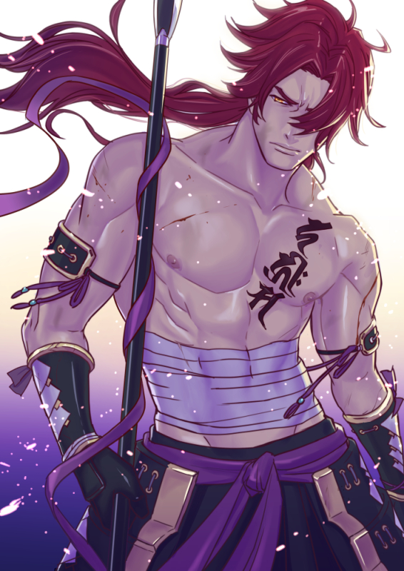 1boy black_gloves gloves hair_over_one_eye hakama japanese_clothes male_focus muscle nipples petals polearm ponytail red_hair sakakibara_mizuki sarashi shirtless siddham spear tattoo tonbokiri_(touken_ranbu) touken_ranbu weapon yari yellow_eyes