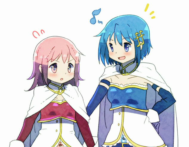 +++ 2girls :d alternate_color alternate_hairstyle arms_at_sides belt blue_eyes blue_hair blush breasts cape collarbone cosplay detached_sleeves dot_nose eighth_note flying_sweatdrops fortissimo fortissimo_hair_ornament frown gloves hair_down hair_ornament hairclip hand_on_another's_back hand_on_hip happy height_difference kaname_madoka kirikuchi_riku looking_at_another looking_away mahou_shoujo_madoka_magica medium_breasts medium_hair miki_sayaka miki_sayaka_(cosplay) multiple_girls musical_note open_mouth parted_lips pink_eyes pink_hair short_hair side-by-side simple_background small_breasts smile soul_gem standing strapless upper_body v-shaped_eyebrows white_background white_cape white_gloves