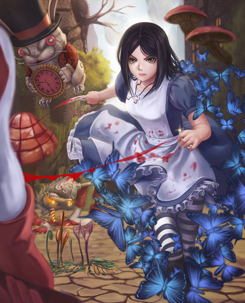 1girl alice:_madness_returns alice_(wonderland) american_mcgee's_alice apron black_hair blood breasts bug butterfly card_knights closed_mouth commentary_request dress insect jupiter_symbol knife kome_(okome-smile) long_hair mushroom pantyhose striped striped_legwear weapon white_rabbit