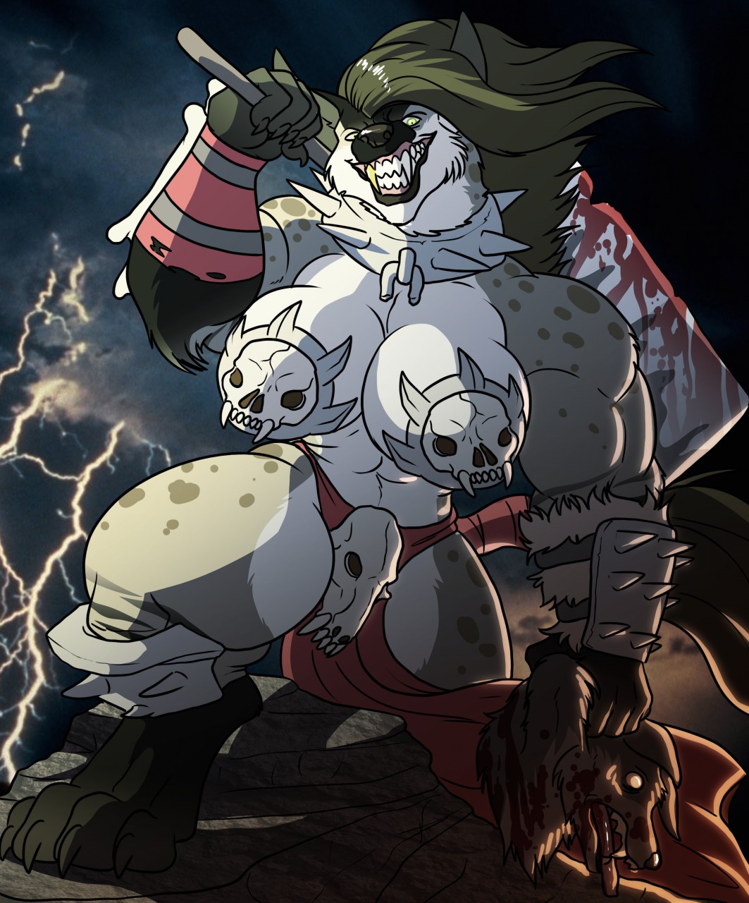 anthro big_breasts blood bodily_fluids bone breasts cleaver clothing collar fangs female grin hi_res hyaenid lightning loincloth looking_at_viewer mammal muscular muscular_female outside pyc-art skull smile spiked_collar spikes spotted_hyena thick_thighs