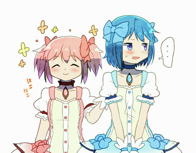 ... 2girls ^_^ alternate_color arm_at_side blue_eyes blue_hair blue_ribbon blush buttons choker closed_eyes closed_mouth collarbone cosplay dot_nose embarrassed eyebrows_visible_through_hair flat_chest floral_background flower frown hair_ribbon half-closed_eyes hand_on_another's_back happy height_difference kaname_madoka kaname_madoka_(cosplay) kirikuchi_riku looking_away mahou_shoujo_madoka_magica miki_sayaka multiple_girls nervous open_mouth pink_hair pink_ribbon puffy_short_sleeves puffy_sleeves red_choker ribbon short_hair short_sleeves short_twintails side-by-side simple_background smile soul_gem spoken_ellipsis standing sweatdrop thought_bubble twintails upper_body v_arms white_background yellow_flower