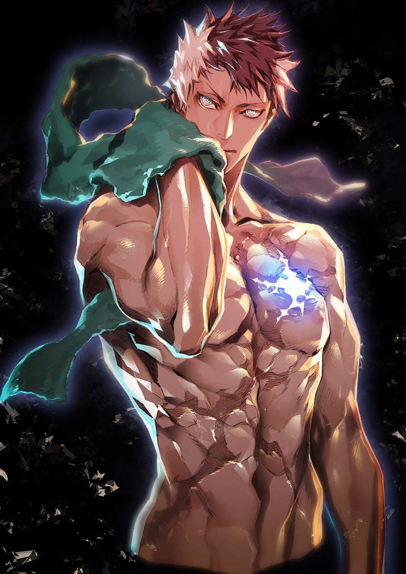 1boy arm_at_side black_hair chest chest_scar fate/grand_order fate_(series) glowing hand_up holding holding_towel looking_at_viewer male_focus miwa_shirou multicolored_hair muscle nipples scar shirtless sigurd_(fate/grand_order) stomach towel two-tone_hair upper_body white_eyes white_hair