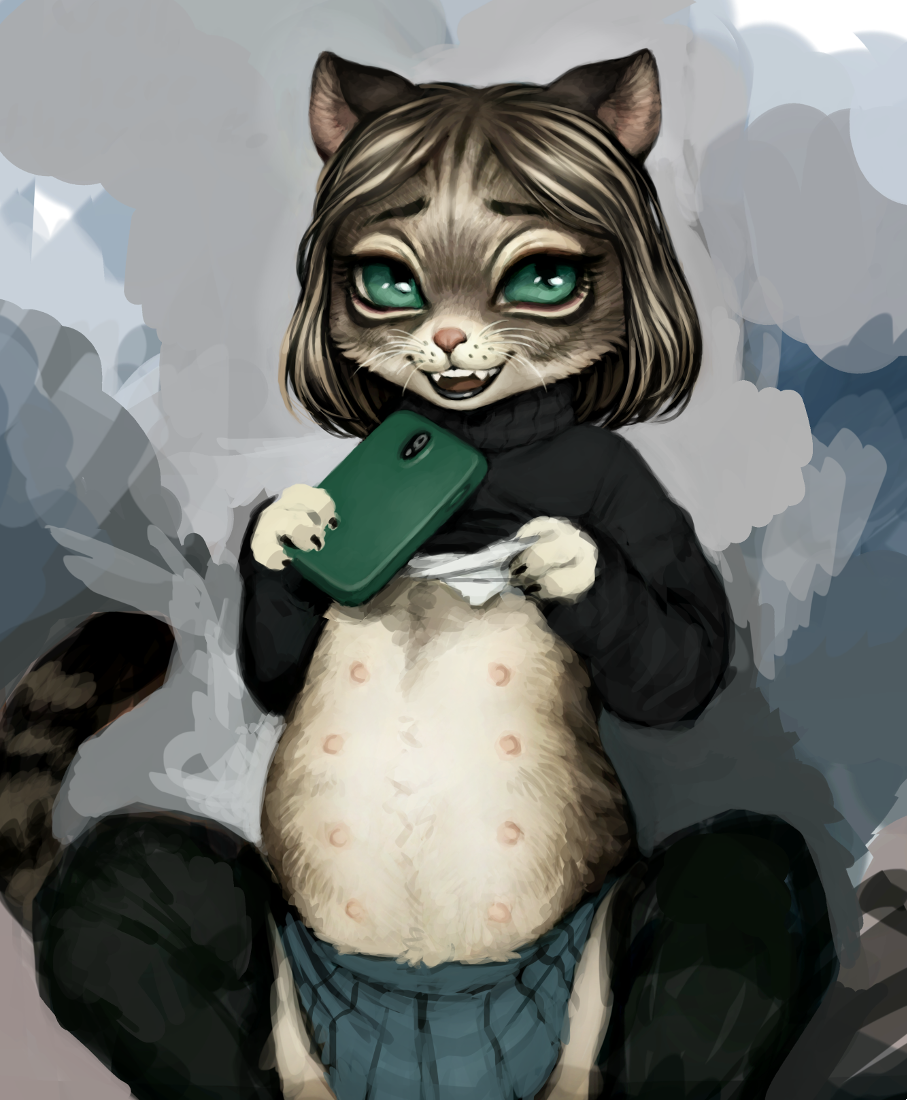 bottomwear clothed clothing clothing_lift crookedtrees domestic_cat felid feline felis female legwear mammal multi_nipple nipples open_mouth phone semi-anthro shirt shirt_lift simple_background sitting skirt solo stockings topwear turtleneck