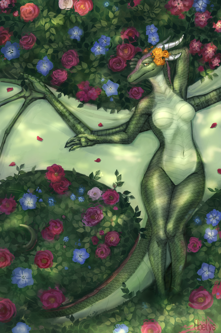 4_fingers accessory anthro arimah breasts claws dragon featureless_breasts featureless_crotch female fingers flower flower_bed flower_in_hair green_body green_scales hair hair_accessory horn lying membrane_(anatomy) membranous_wings nude obelys on_back plant scales solo spread_wings thick_tail wide_hips wings yellow_eyes