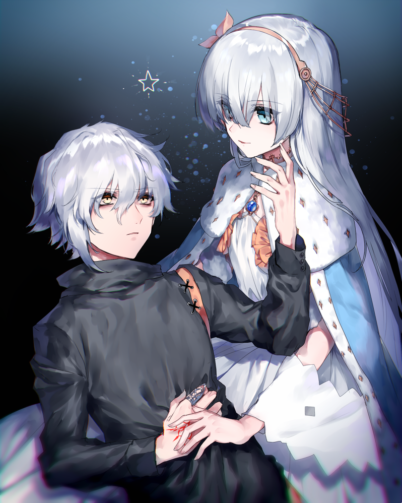 1boy 1girl anastasia_(fate/grand_order) bags_under_eyes bangs blue_eyes cloak command_spell commentary eye_contact eyebrows_visible_through_hair fate/grand_order fate_(series) fuuna_(conclusion) hair_between_eyes hairband hand_on_another's_chin holding_hand jewelry kadoc_zemlupus lipstick long_hair looking_at_another makeup pendant ring royal_robe star white_hair yellow_eyes