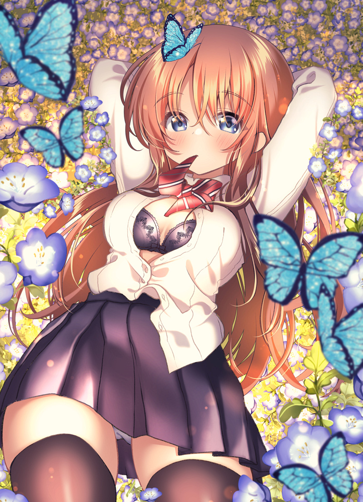1girl arms_behind_head arms_up bad_anatomy black_bra black_legwear black_skirt blue_butterfly blue_eyes bra breasts brown_hair bug butterfly cleavage field flower flower_field insect kawanobe long_hair looking_at_viewer lying medium_breasts mouth_hold on_back original panties pantyshot pantyshot_(lying) partially_unbuttoned red_neckwear school_uniform shirt skirt solo thighhighs underwear uniform white_panties white_shirt
