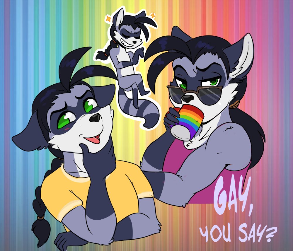 black_hair eyewear green_eyes hair kylar_mclaughlin lgbt_pride long_hair male male/male mammal meme phuufy procyonid raccoon smug sunglasses uberquest webcomic