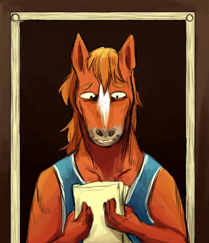 2020 anthro blonde_hair bojack_horseman clothing door door_frame equid equine facial_markings hair head_markings horse looking_down male mammal mane markings netflix paper reading sad secretariat_(bojack_horseman) shirt solo tank_top topwear yellowfox42