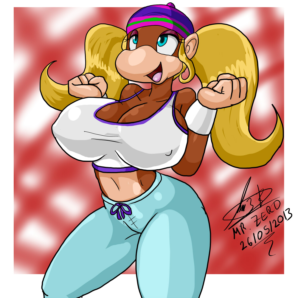 1:1 anthro big_breasts blonde_hair blue_eyes breasts cleavage clothed clothing donkey_kong_(series) ear_piercing female fur greatnixfox hair haplorhine hat headgear headwear kong long_hair mammal monkey nintendo open_mouth piercing primate signature smile solo standing tiny_kong tongue video_games