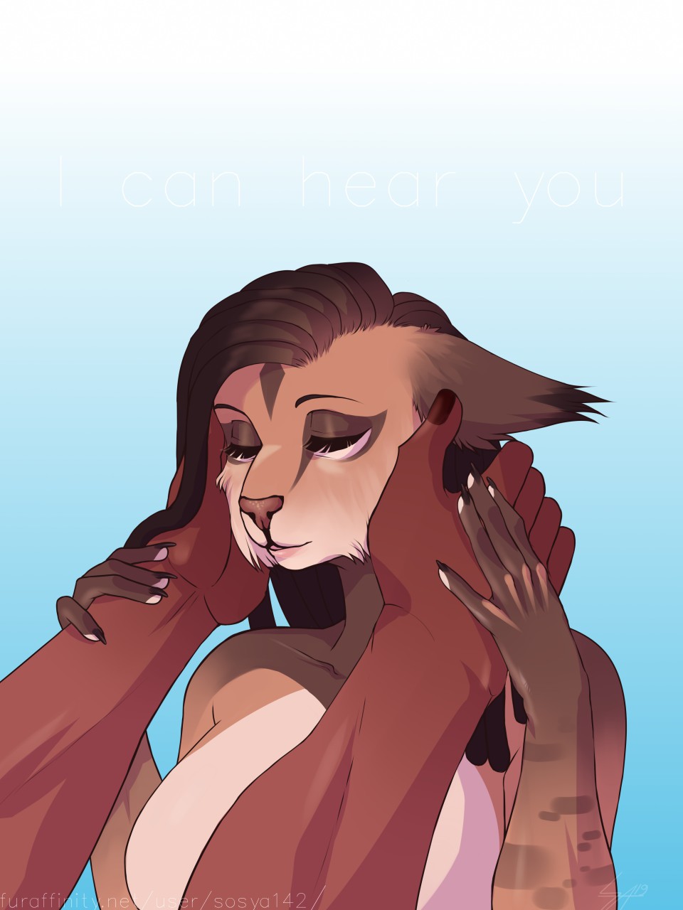 2019 3:4 5_fingers anthro breasts brown_body brown_fur cheek_tuft claws dark_fur digital_media_(artwork) dreadlocks duo ear_tuft eyes_closed facial_tuft felid feline female fingers fur gradient_background hair hand_holding hi_res holding_head larger_male light_fur long_hair lynx male male/female mammal medium_breasts multicolored_body multicolored_fur nude simple_background size_difference smaller_female solo_focus sosya142 tuft