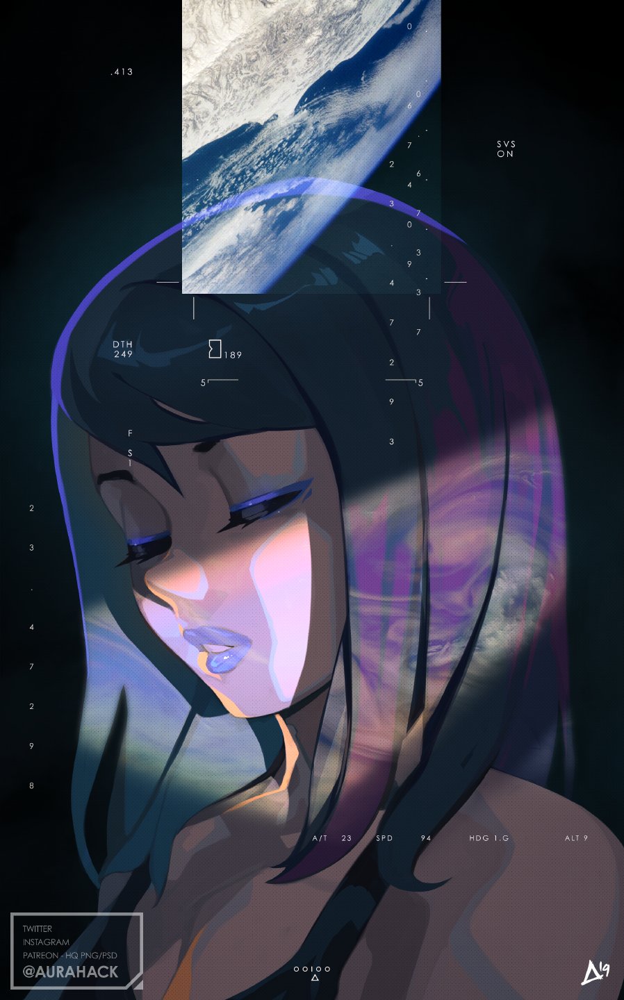 1girl aurahack bangs black_hair blue_lipstick breasts cleavage closed_eyes commentary earth english_commentary eyeliner highres lips lipstick makeup medium_hair nose original planet reflection science_fiction solo space swept_bangs