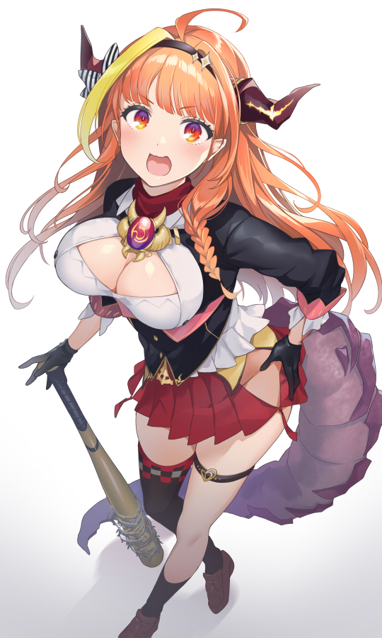 1girl :d ahoge baseball_bat black_gloves black_legwear breasts cleavage_cutout commentary_request dragon_tail from_above gloves hand_on_hip hip_vent hololive horns ika kiryuu_coco large_breasts long_hair looking_at_viewer multicolored_hair open_mouth orange_hair pleated_skirt red_eyes red_skirt single_thighhigh skirt smile solo streaked_hair tail thigh_strap thighhighs virtual_youtuber