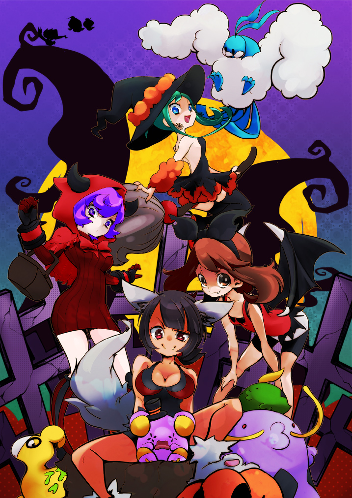 bike_shorts black_hair blue_eyes breasts brown_hair character_request chorimokki cleavage closed_mouth commentary_request dress fake_horns gloves halloween haruka_(pokemon) higana_(pokemon) hood hoodie horned_headwear kagari_(pokemon) long_hair looking_at_viewer multiple_girls open_mouth pokemon pokemon_(creature) pokemon_(game) pokemon_oras purple_eyes purple_hair red_eyes ribbed_sweater short_hair sideboob skirt smile sweater team_magma uniform