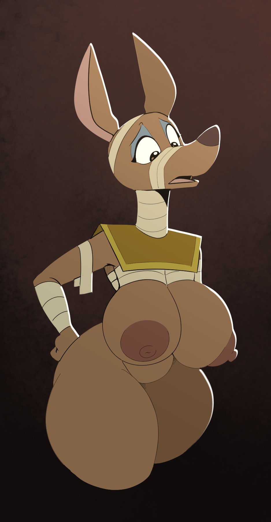 amunet anthro anubian_jackal bandage big_breasts breasts brown_background canid canine canis disney ducktales_(2017) female hi_res jackal komdog mammal nude simple_background solo thick_thighs