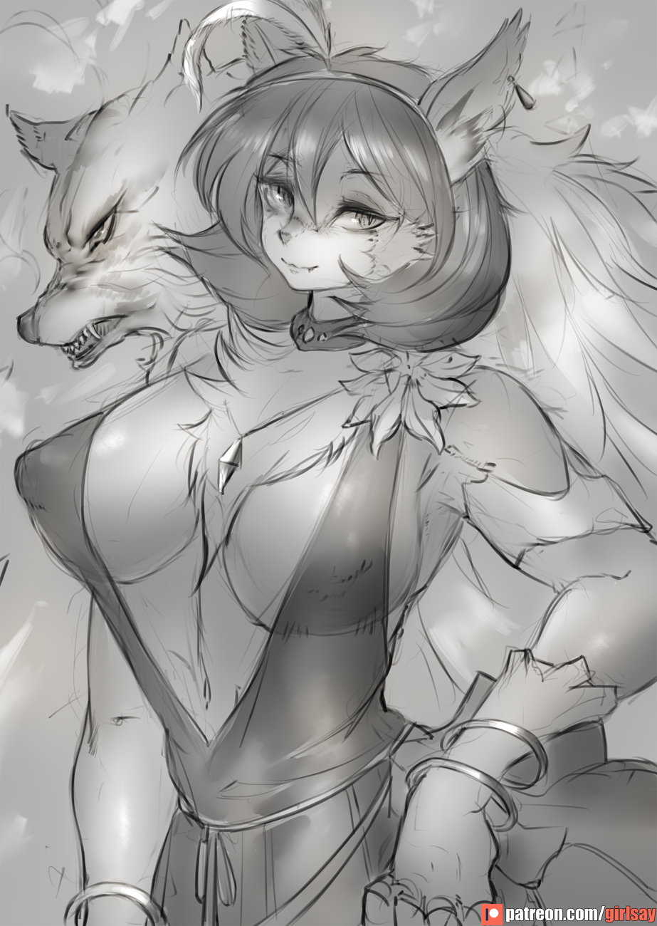 2020 breasts canid canine canis changeling_tale clothed clothing duo female fur girlsay hair hi_res jessie_(changeling_tale) looking_at_viewer mammal nipple_outline text url wolf