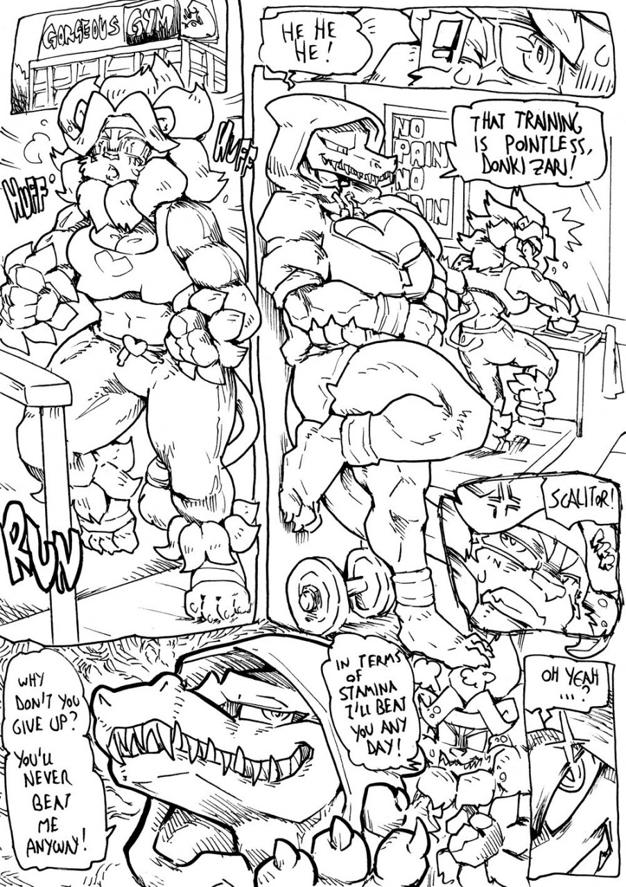 alligator alligatorid angry anthro big_breasts bottomwear breasts cleavage clothed clothing crocodilian daigaijin donkizari felid female fully_clothed furryfight_chronicles grin gym gymnasium hi_res lion mammal midriff monochrome non-mammal_breasts pantherine pants reptile scalie scalitor shorts smile solo