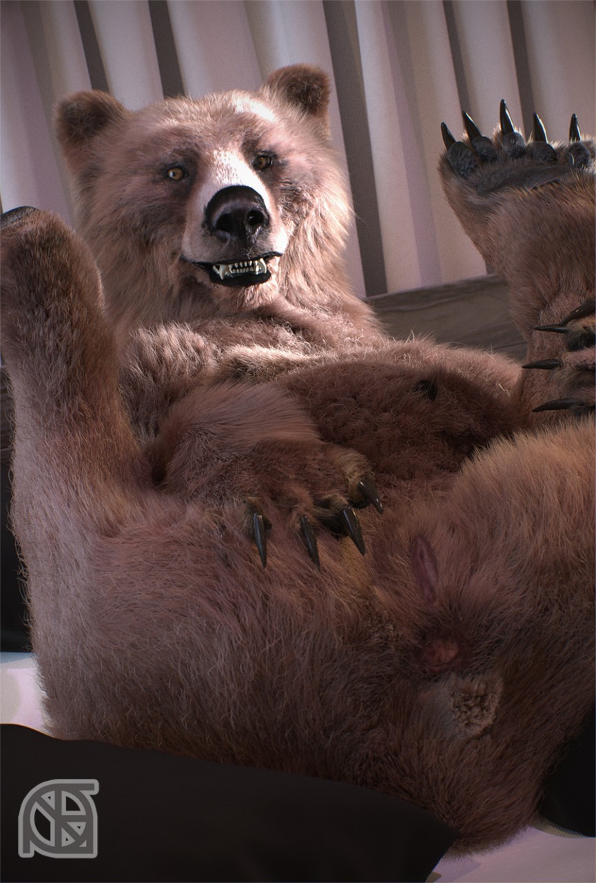 3d_(artwork) animal_genitalia animal_pussy anus anya_(cosmiclife) black_nose brown_bear brown_body brown_fur butt claws cosmiclife digital_media_(artwork) fangs feet female fur genitals grizzly_bear hi_res hindpaw legs_up looking_at_viewer lying mammal on_back pawpads paws pinup pose presenting presenting_anus presenting_hindquarters presenting_pussy pussy realistic semi-anthro smile solo spread_legs spreading teeth ursid ursine