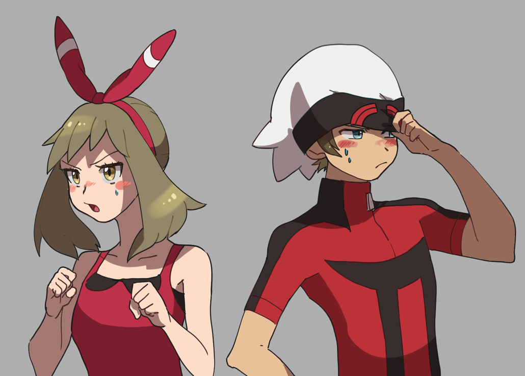 1boy 1girl blue_eyes blush brown_hair grey_background haruka_(pokemon) hat medium_hair pokemon pokemon_(game) pokemon_oras red_ribbon ribbon rifu_(hunihuni1130) shirt simple_background sweat white_headwear yuuki_(pokemon)