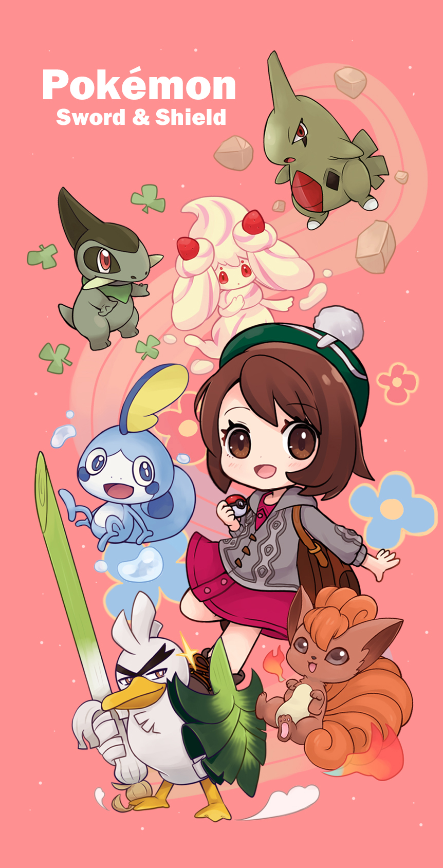 1girl :d alcremie backpack bag bangs blush brown_eyes brown_hair cardigan character_request chibi clover collared_dress commentary_request copyright_name dress eyebrows_visible_through_hair fire food four-leaf_clover gen_1_pokemon gen_8_pokemon green_headwear grey_cardigan highres holding holding_food holding_poke_ball hood hood_down hooded_cardigan long_sleeves looking_at_viewer maodouzi open_mouth outstretched_arm pink_background pink_dress poke_ball poke_ball_(generic) pokemon pokemon_(creature) pokemon_(game) pokemon_swsh rock shield sirfetch'd smile sobble sparkle spring_onion tam_o'_shanter vulpix yuuri_(pokemon)
