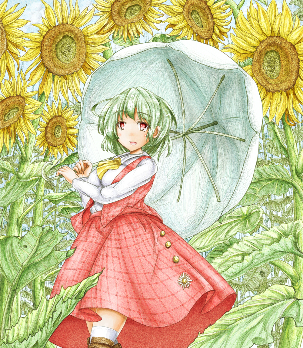 1girl blue_sky boots breasts brown_footwear cloud commentary contrapposto cravat day eyebrows_visible_through_hair feet_out_of_frame field flower flower_field green_hair holding holding_umbrella kazami_yuuka kneehighs large_breasts long_sleeves looking_to_the_side open_clothes open_mouth open_vest outdoors plaid plaid_skirt plaid_vest red_eyes shirt short_hair skirt sky solo standing sunflower touhou umbrella vest white_legwear white_shirt yellow_neckwear ys_(ytoskyoku-57)