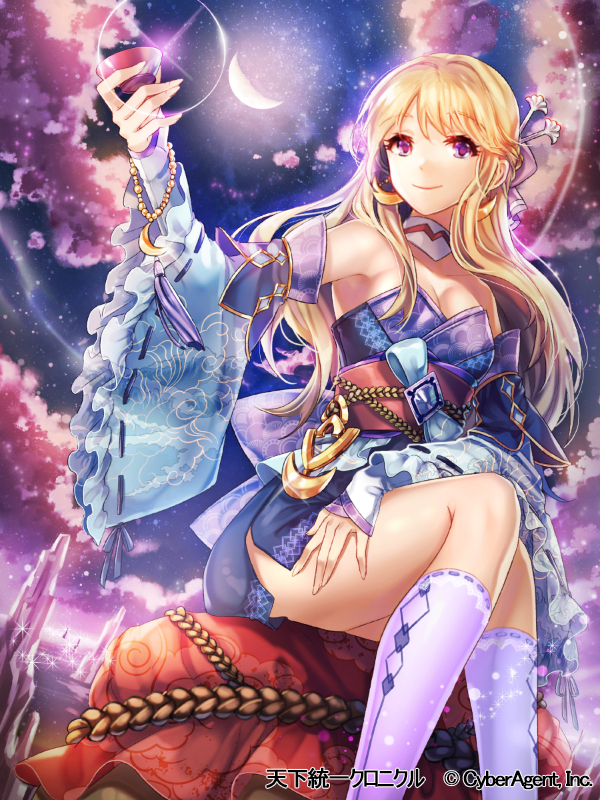 1girl blonde_hair blue_sleeves breasts choker cleavage closed_mouth collarbone crescent_moon day detached_sleeves floating_hair interitio japanese_clothes kimono kneehighs long_hair long_sleeves moon night outdoors purple_eyes purple_kimono shiny shiny_hair short_kimono sitting sky sleeveless sleeveless_kimono small_breasts smile solo star_(sky) starry_sky strapless tenka_touitsu_chronicle very_long_hair white_legwear