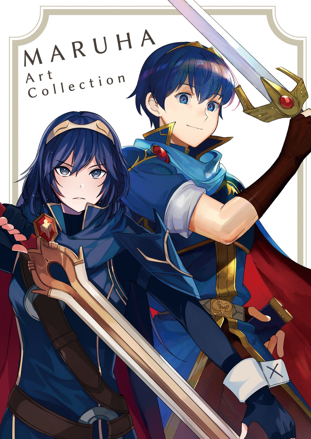 1boy 1girl blue_eyes blue_hair brown_gloves cape closed_mouth falchion_(fire_emblem) fingerless_gloves fire_emblem fire_emblem:_mystery_of_the_emblem fire_emblem_awakening gloves highres holding holding_sword holding_weapon kazuha_(kazuha1003) kyufe long_hair lucina_(fire_emblem) marth_(fire_emblem) short_hair short_sleeves sword tiara upper_body weapon