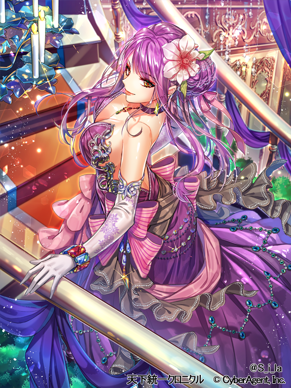 1girl bracelet breasts choker cleavage closed_mouth dress elbow_gloves eyebrows_visible_through_hair floating_hair flower gloves green_eyes hair_flower hair_ornament interitio jewelry large_breasts long_dress long_hair necklace purple_dress purple_hair shiny shiny_hair sleeveless sleeveless_dress smile solo sparkle standing striped striped_dress tenka_touitsu_chronicle tied_hair white_flower white_gloves