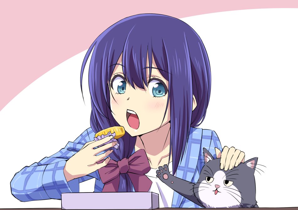 1girl blue_eyes blue_jacket blush bow cat copyright_request eating eyebrows_visible_through_hair food_request hair_bow holding ishii_hisao jacket long_sleeves open_clothes open_jacket plaid_jacket purple_hair red_bow shirt solo upper_teeth white_shirt