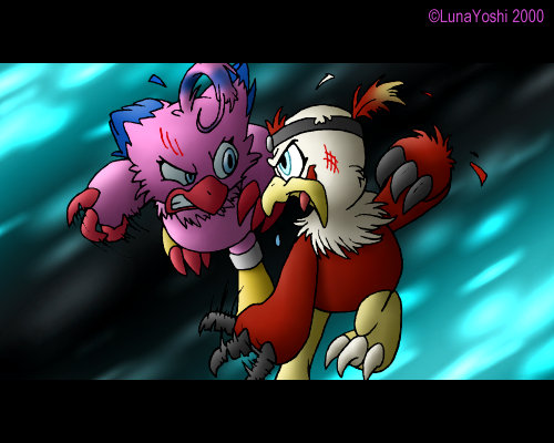 2000 5:4 angry angry_at_each_other aqua_background avian beak biyomon black_bars black_claws blue_eyes bodily_fluids claws digimon digimon_(species) feathers female fight hawkmon letterbox low_res lululunabuna male messy_feathers open_mouth pink_body pink_feathers red_body red_claws red_feathers ring scratches teeth white_body white_feathers yellow_beak