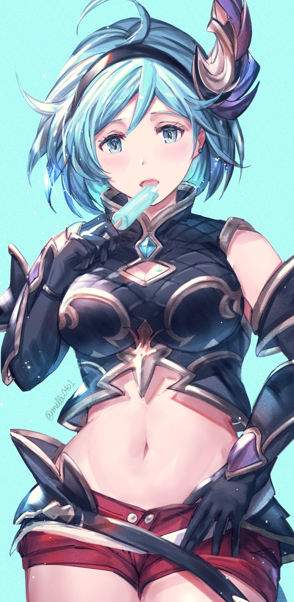 1girl ahoge arm_guards black_gloves black_hairband blue_background blue_eyes blue_hair blush breasts cleavage_cutout commentary_request cowboy_shot crop_top djeeta_(granblue_fantasy) djeeta_(granblue_fantasy)_(guider_to_the_eternal_edge) earrings food gloves granblue_fantasy hair_ornament hairband highres holding jewelry looking_at_viewer medium_breasts midriff milli_little navel open_mouth popsicle red_shorts short_hair short_shorts shorts signature simple_background solo standing