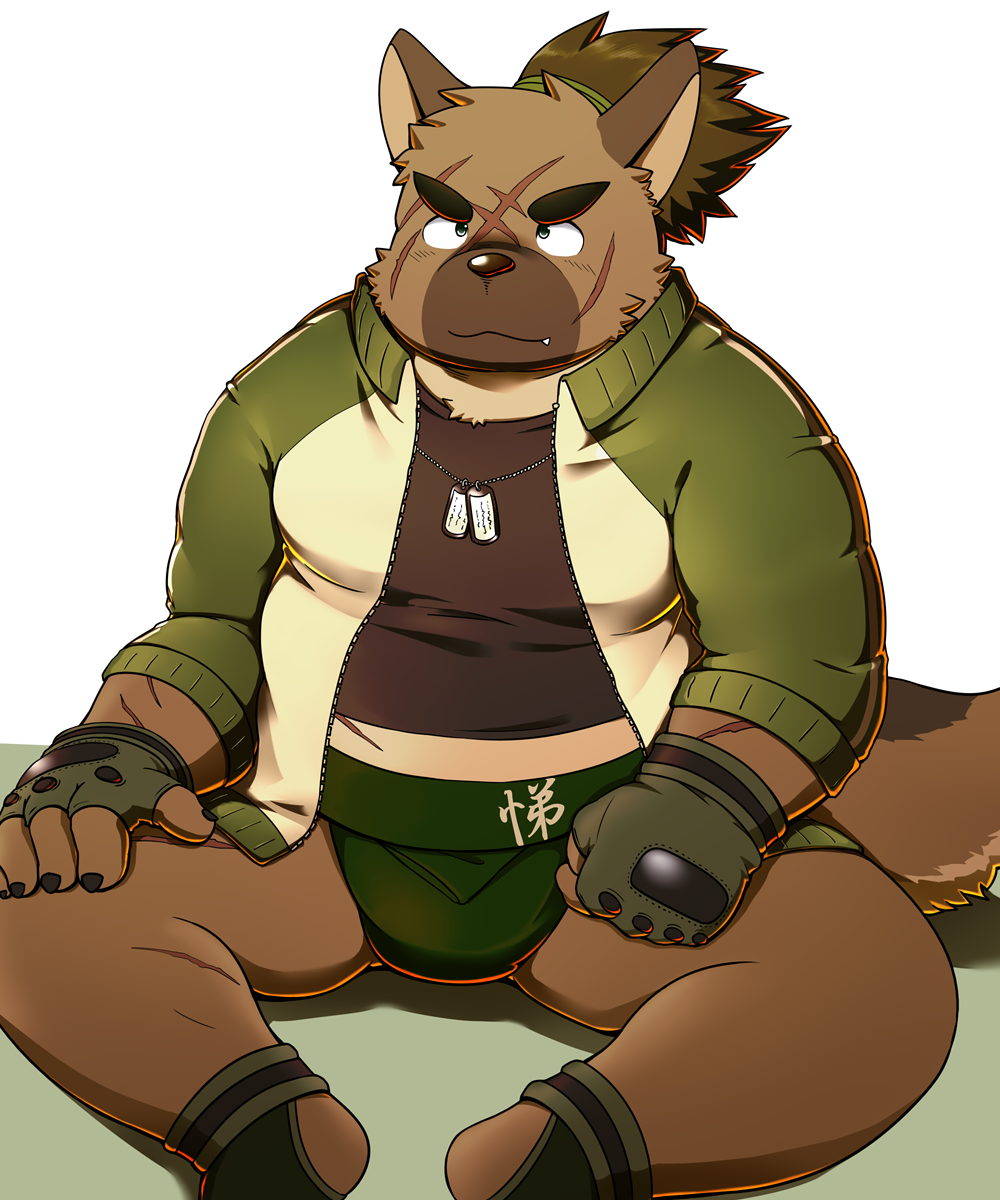 2020 anthro brown_body brown_fur canid canine canis clothing cute_fangs domestic_dog fur hi_res kemono male mammal overweight overweight_male scar shirt simple_background sitting solo tokyo_afterschool_summoners topwear video_games xzk yasuyori