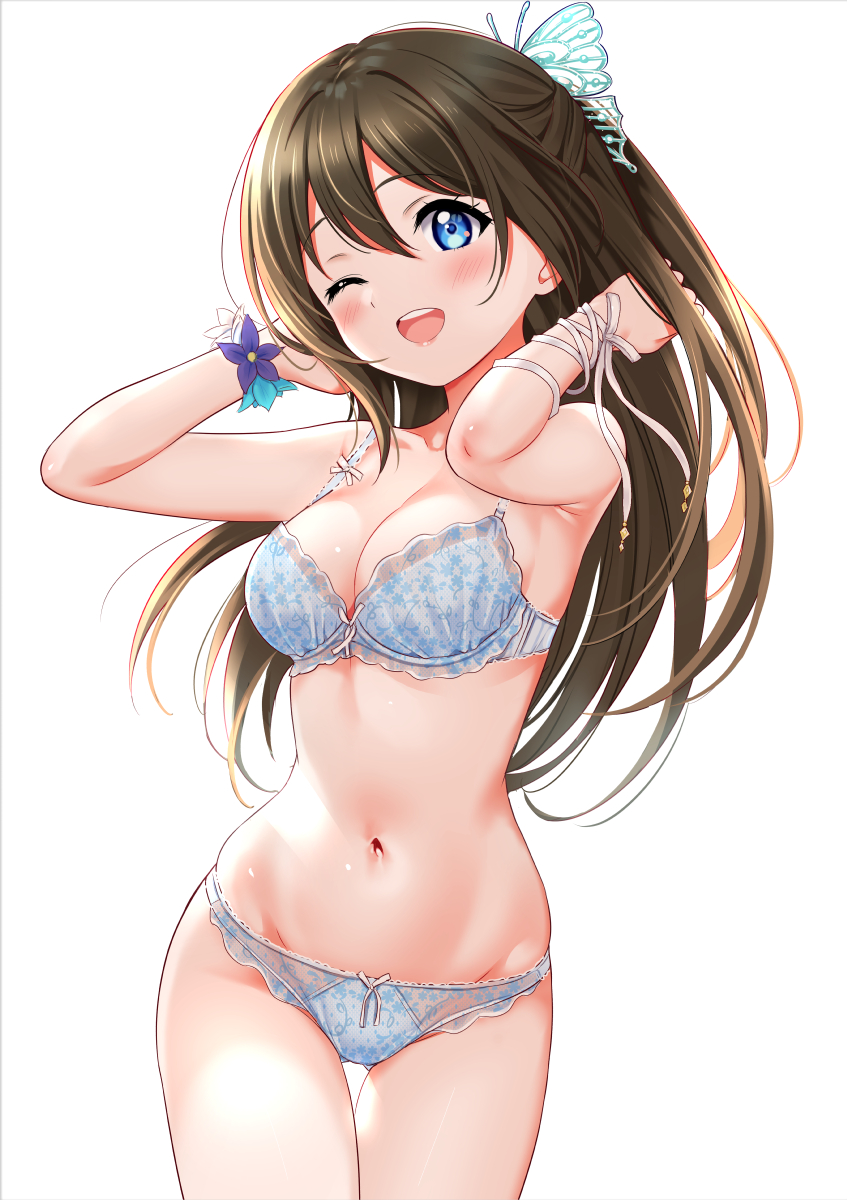 1girl :d =d arms_up bangs blue_bra blue_eyes blue_flower blue_panties blush bow bow_panties bra breasts brown_hair cleavage collarbone floral_print flower flower_bracelet hair_between_eyes hair_ornament hands_in_hair highres lace lace-trimmed_bra lace-trimmed_panties long_hair love_live! love_live!_school_idol_festival medium_breasts navel one_eye_closed open_mouth ousaka_shizuku panties purple_flower rozen5 simple_background smile solo underwear upper_body white_background white_flower