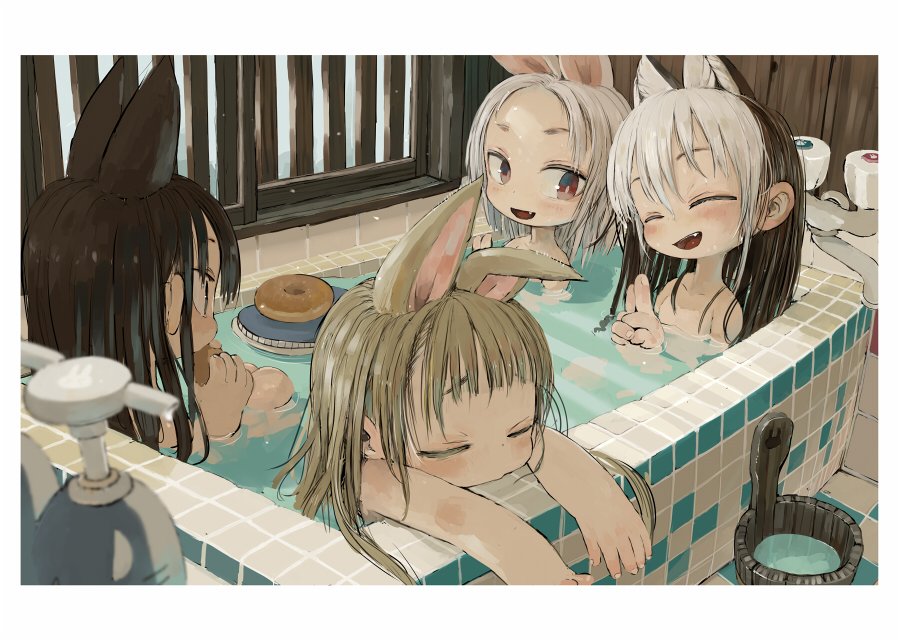 4girls :d animal_ears bangs bath bathtub black_eyes black_hair blonde_hair blurry blurry_foreground bucket closed_eyes depth_of_field doughnut ear_down eating ebimomo fang faucet food looking_at_another multicolored_hair multiple_girls nude open_mouth original parted_bangs partially_submerged smile soap_bottle two-tone_hair white_hair