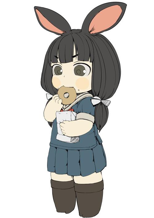 animal_ears bag black_hair blue_shirt blue_skirt blush_stickers bow bowtie brown_legwear bunny_ears doughnut eating ebimomo food food_on_face full_body grey_eyes grey_sailor_collar hair_bow holding holding_food kneehighs long_hair low_twintails original pleated_skirt red_neckwear sailor_collar school_uniform serafuku shirt short_sleeves simple_background skirt socks thighhighs twintails white_background white_bow zettai_ryouiki