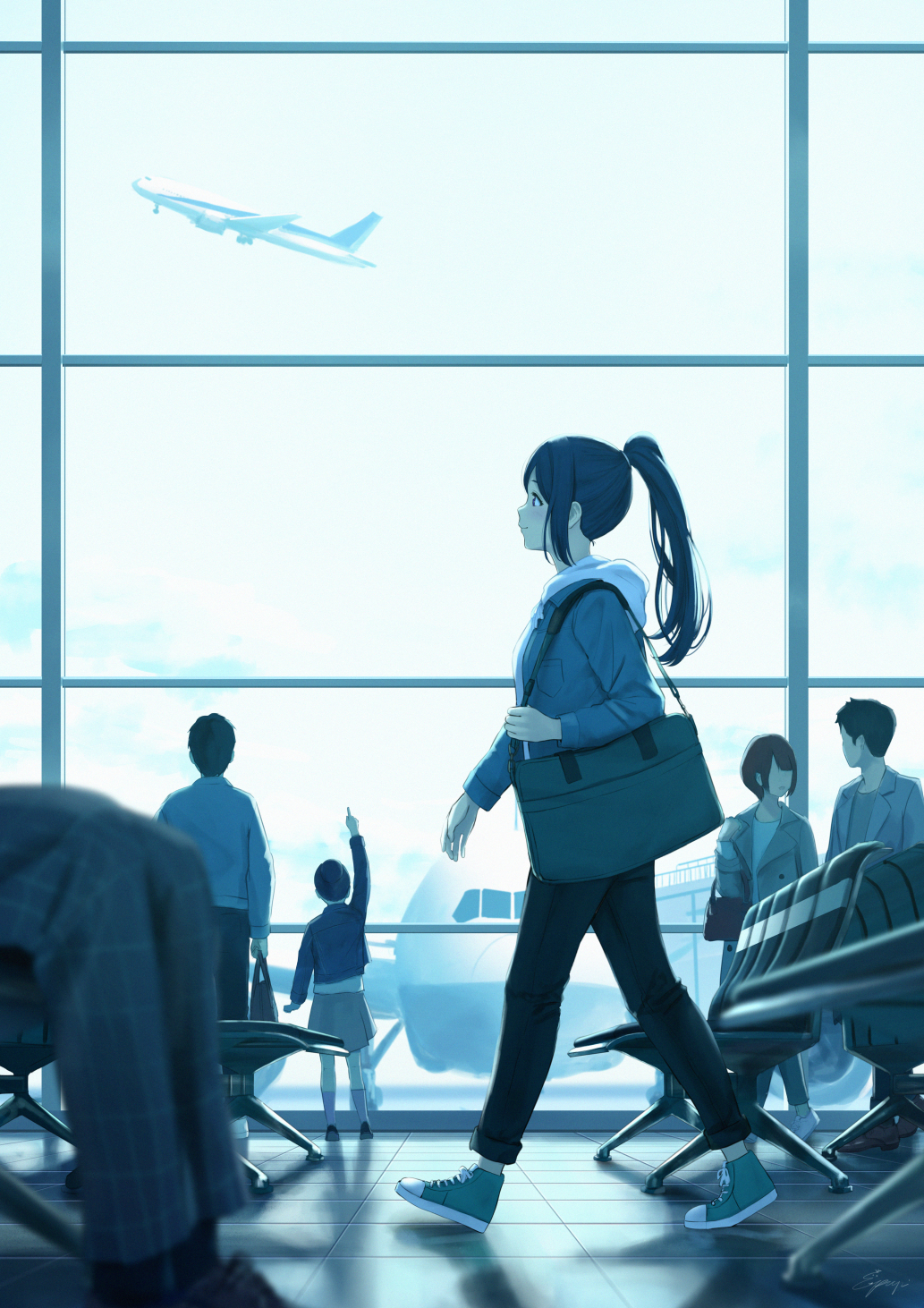 2boys 3girls aircraft airplane airport backlighting bag blue_theme blurry blurry_foreground chair child converse denim depth_of_field handbag high_ponytail highres indoors jacket jeans long_hair love_live! love_live!_school_idol_project love_live!_sunshine!! matsuura_kanan monochrome multiple_boys multiple_girls pants papi_(papiron100) pointing ponytail profile shadow short_hair shoulder_bag sidelocks signature skirt smile walking window