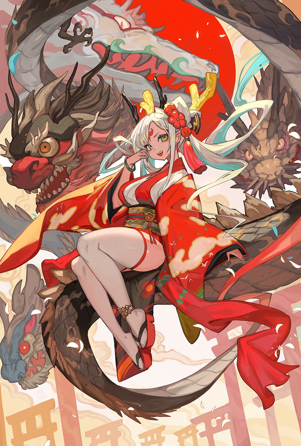 1girl chinese_zodiac dragon dragon_horns dragon_tail english_commentary highres horns japanese_clothes kimono lack long_hair long_sleeves looking_at_viewer open_mouth original outdoors sandals sitting_on_animal smile tail thighhighs torii twintails white_hair white_thighhighs wide_sleeves year_of_the_dragon yellow_eyes