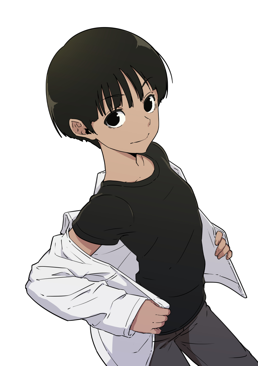 1girl androgynous black_shirt breasts closed_mouth commentary_request dark-skinned_female dark_skin dressing from_side grey_pants highres long_sleeves looking_at_viewer obishima_yukari off_shoulder pants shirt short_hair sideways_glance simple_background sjw_kazuya small_breasts smile solo t-shirt uniform white_background white_shirt world_trigger yuba_squad's_uniform