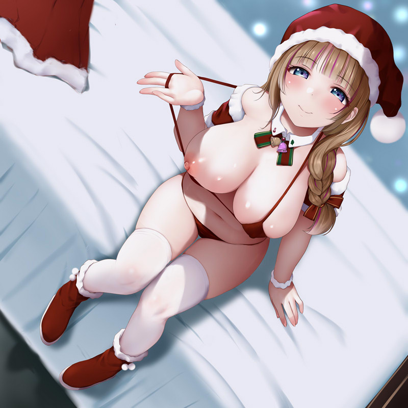 1girl bell bikini blue_eyes braid breasts brown_hair christmas closed_mouth commentary_request detached_collar detached_sleeves dutch_angle from_above full_body fur-trimmed_footwear fur-trimmed_headwear fur_trim hat indoors kozue_akari large_breasts long_hair looking_at_viewer neck_bell nipples on_bed one_breast_out original red_bikini red_footwear red_headwear santa_hat sitting smile solo swimsuit thighhighs white_thighhighs