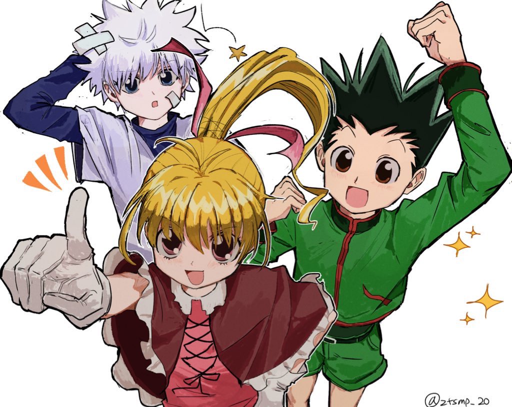 1girl 2boys :d arm_up asymmetrical_bangs bandaid bandaid_on_cheek bandaid_on_face bandaid_on_head biscuit_krueger black_hair blonde_hair blue_eyes brown_eyes clenched_hands cloak dress feet_out_of_frame gloves gon_freecss green_jacket green_shorts hand_on_own_hip hunter_x_hunter jacket killua_zoldyck layered_sleeves long_sleeves looking_at_another multiple_boys pink_cloak pink_dress pink_eyes pink_ribbon ponytail raised_eyebrow raised_eyebrows ribbon short_hair short_over_long_sleeves short_sleeves shorts simple_background smile sparkle spiked_hair upper_body white_background white_gloves white_hair ztsmp_20