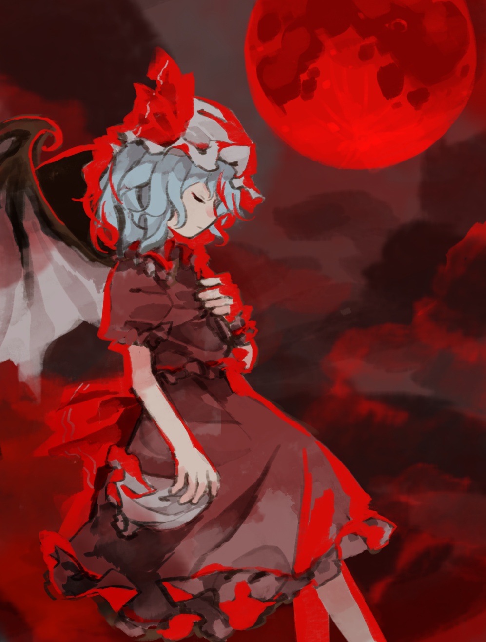 1girl bat_wings blue_hair closed_eyes closed_mouth collared_shirt commentary_request frilled_shirt frilled_skirt frilled_sleeves frills from_side full_moon hand_on_own_chest hat highres kaigen_1025 light_blue_hair medium_hair mob_cap moon puffy_short_sleeves puffy_sleeves red_moon red_shirt red_skirt red_sky red_theme remilia_scarlet shirt short_sleeves skirt skirt_set sky solo touhou wavy_hair white_headwear wings