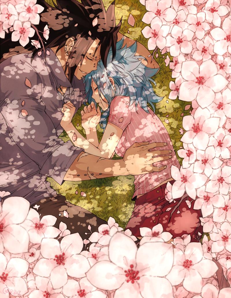 1boy 1girl affectionate bad_id bad_twitter_id black_hair blue_hair cherry_blossoms closed_eyes english_commentary fairy_tail gajeel_redfox grass hug levy_mcgarden long_hair medium_hair muscular muscular_male pants petals pink_shirt profile rusky scar scar_on_arm shirt sleeping smile striped striped_shirt t-shirt upper_body