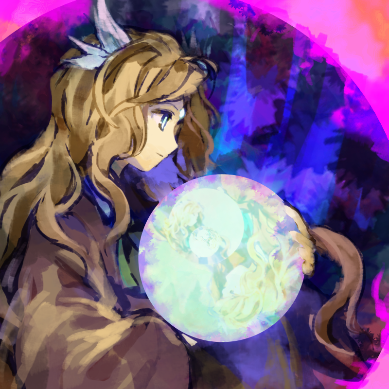 1girl ascot blonde_hair blue_eyes blue_shirt brown_jacket closed_mouth commentary_request forehead_jewel from_side green_ascot holding_orb jacket kaigen_1025 kikuri_(touhou) long_hair long_sleeves orb shirt touhou touhou_(pc-98) upper_body