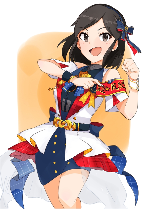 1girl belt black_belt black_eyes black_hair black_wristband blue_bow blue_bowtie blue_dress blue_ribbon blush border bow bowtie bracelet breasts clenched_hand clothing_cutout cowboy_shot dot_nose dress dress_bow hair_bow hair_ribbon hands_up idolmaster idolmaster_cinderella_girls idolmaster_cinderella_girls_starlight_stage jewelry kakuanko looking_at_viewer no_eyewear open_mouth outside_border overskirt pencil_skirt plaid plaid_bow plaid_bowtie print_sash red_sash ribbon saejima_kiyomi sash see-through see-through_shirt short_hair short_sleeves shoulder_cutout simple_background single_wrist_cuff skirt small_breasts smile solo standing star_ornament text_print two-tone_shirt white_border white_wrist_cuffs wrist_cuffs yellow_background