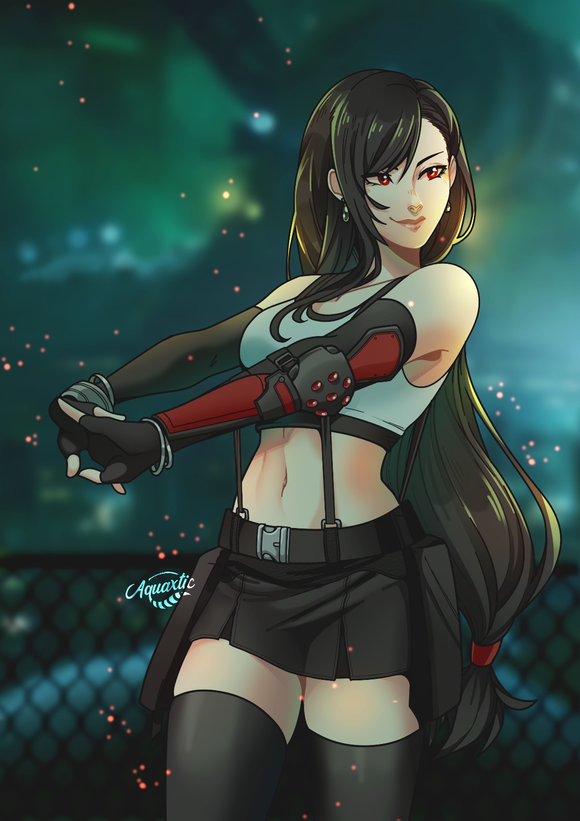 1girl aquaxtic artist_name bare_shoulders black_bra black_gloves black_hair black_skirt black_thighhighs blurry blurry_background bra breasts chain-link_fence closed_mouth cowboy_shot crop_top dangle_earrings earrings elbow_gloves elbow_pads fence final_fantasy final_fantasy_vii final_fantasy_vii_remake fingerless_gloves gloves hair_tie highres jewelry long_hair looking_to_the_side low-tied_long_hair medium_breasts midriff miniskirt navel own_hands_together pleated_skirt red_eyes shirt single_elbow_pad skirt sleeveless sleeveless_shirt smile solo sports_bra stretching suspenders swept_bangs thighhighs tifa_lockhart underwear white_shirt zettai_ryouiki