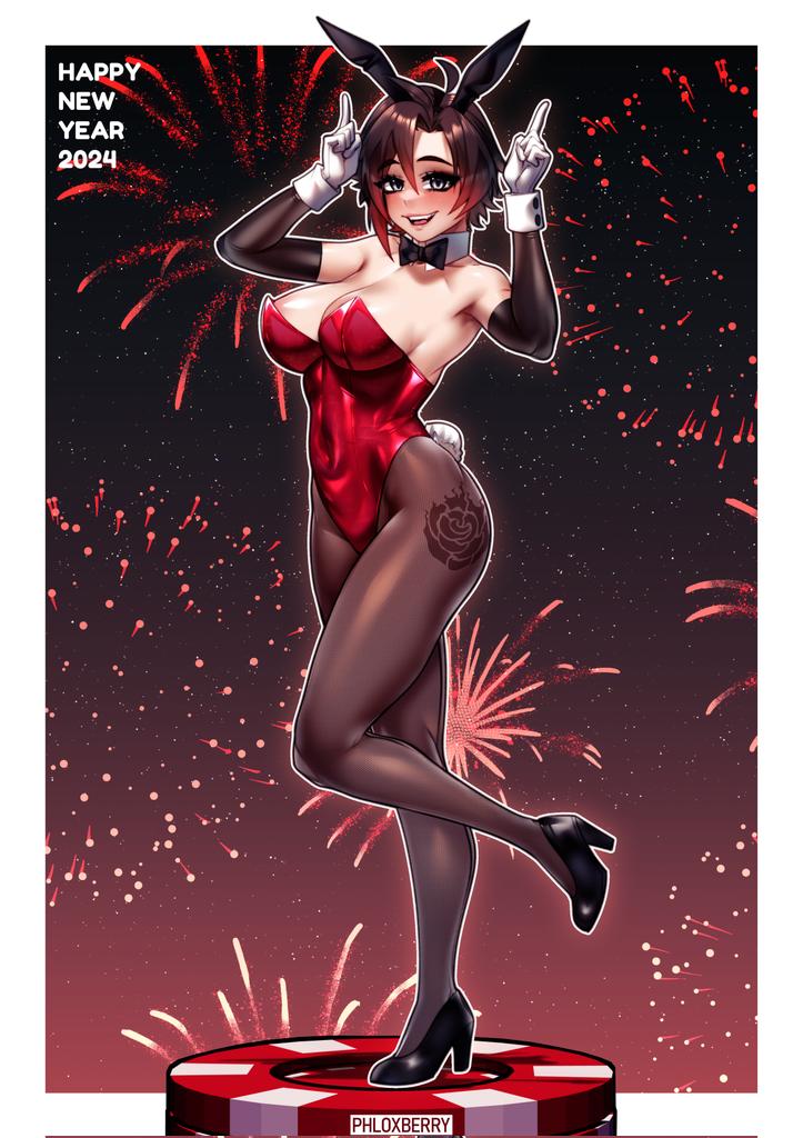 1girl 2024 ahoge animal_ears artist_name bow bowtie dated detached_collar detached_sleeves english_commentary fake_animal_ears fake_tail gloves grey_eyes hair_between_eyes happy_new_year high_heels leotard looking_at_viewer open_mouth pantyhose phloxberry playboy_bunny poker_chip rabbit_ears rabbit_tail ruby_rose rwby short_hair smile solo standing standing_on_one_leg strapless strapless_leotard tail teeth tongue