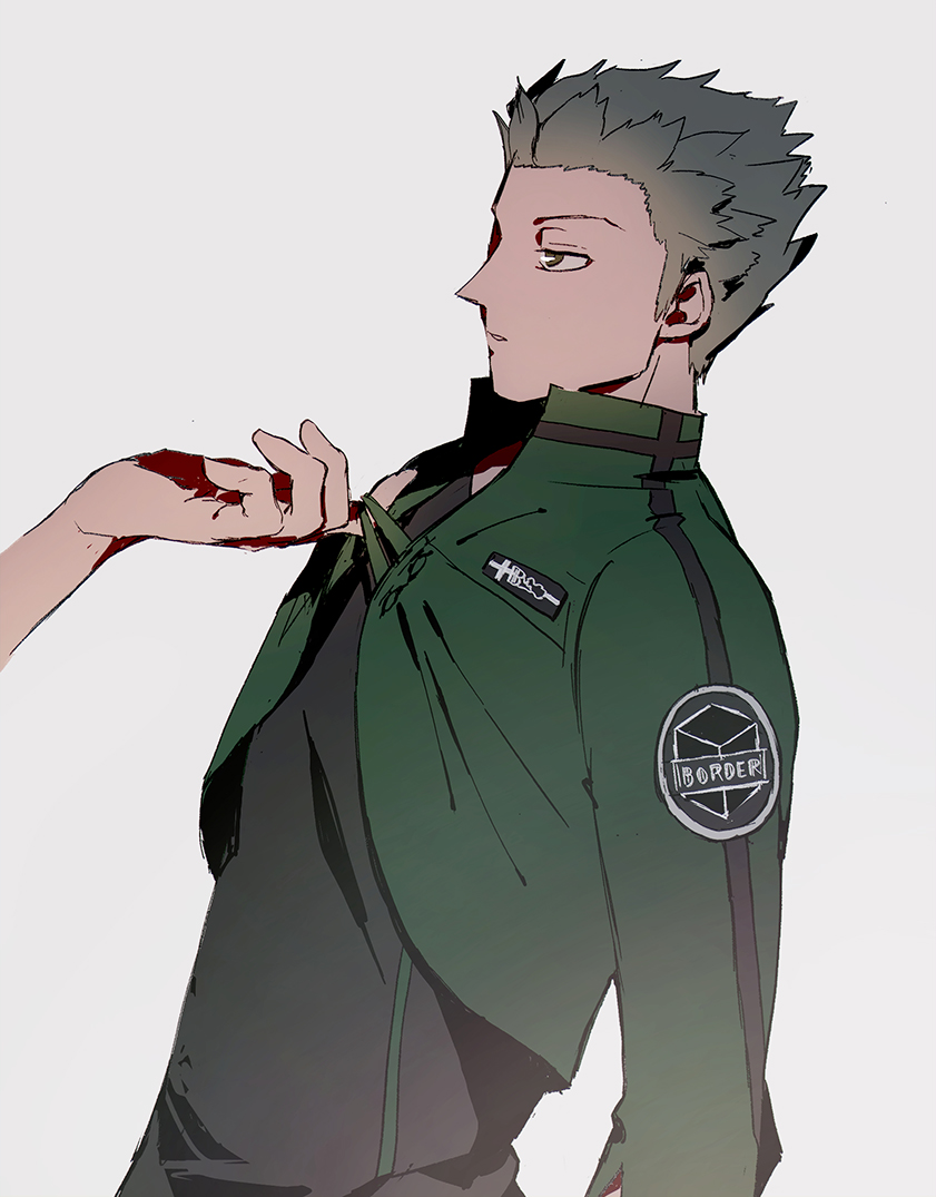 1boy always_omochi badge beckoning belt black_shirt blood blood_on_hands closed_mouth cropped_jacket from_side green_jacket grey_background grey_hair hand_under_clothes jacket kuruma_squad's_uniform long_sleeves looking_at_another male_focus murakami_kou profile shirt short_hair simple_background solo_focus spiked_hair uniform upper_body world_trigger