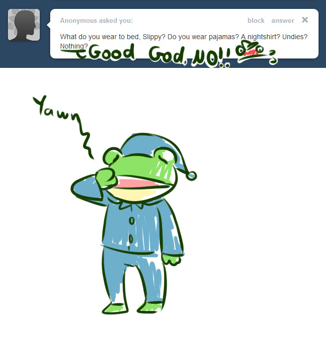 amphibian anthro ask_blog blue_clothing blue_pajamas blue_topwear bodily_fluids clothing embarrassed english_text frog hat headgear headwear male nintendo open_mouth pajamas slippy_o'donnell slippy_toad solo star_fox sweat text tired topwear tumblr yawn