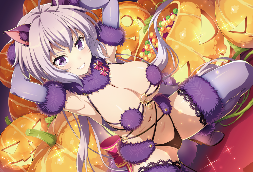 1girl ahoge animal_ears armpits arms_behind_head blush breasts cage_unlimited cleavage commentary_request cosplay elbow_gloves fur-trimmed_gloves fur-trimmed_legwear fur-trimmed_thighhighs fur_bikini fur_collar fur_trim gloves groin hair_between_eyes lace-trimmed_legwear lace_trim large_breasts long_hair looking_at_viewer low_twintails mash_kyrielight mash_kyrielight_(cosplay) mash_kyrielight_(dangerous_beast) mash_kyrielight_(dangerous_beast)_(cosplay) navel o-ring o-ring_top purple_eyes purple_gloves purple_hair purple_tail purple_thighhighs revealing_clothes senki_zesshou_symphogear shiny_skin smile solo spread_legs squatting tail thighhighs twintails very_long_hair wolf_ears wolf_tail yukine_chris